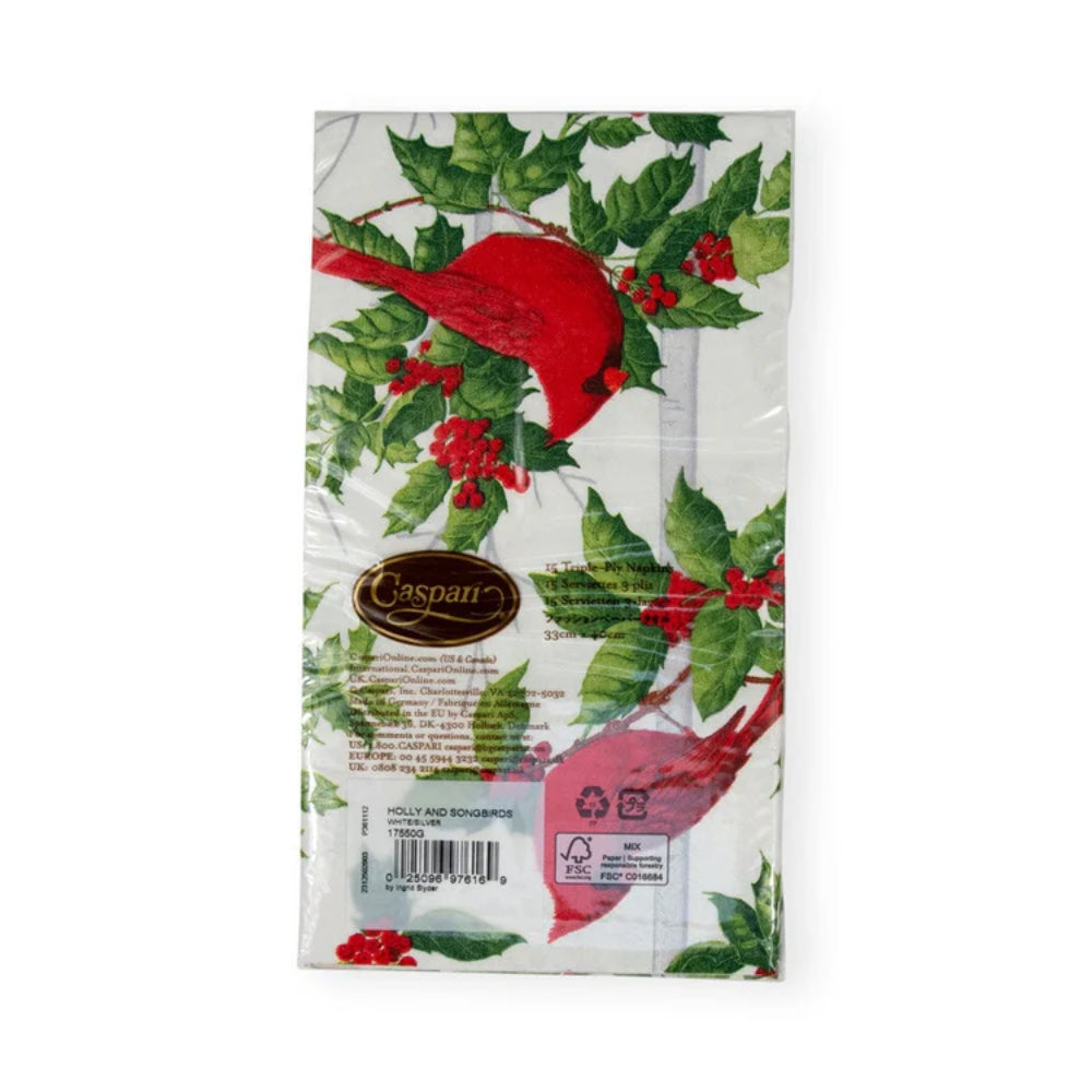 Caspari Holly and Songbirds White & Silver Guest Towel Napkins - Set of 15