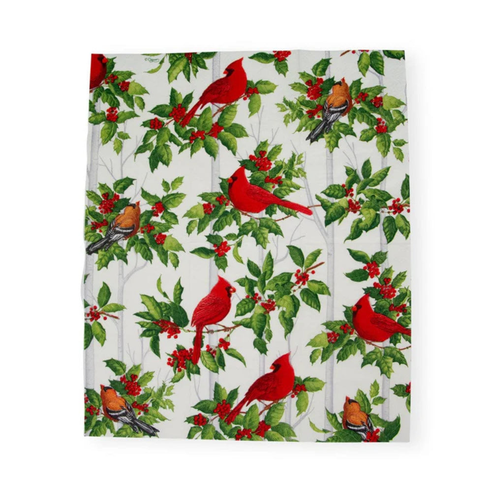 Caspari Holly and Songbirds White & Silver Guest Towel Napkins - Set of 15