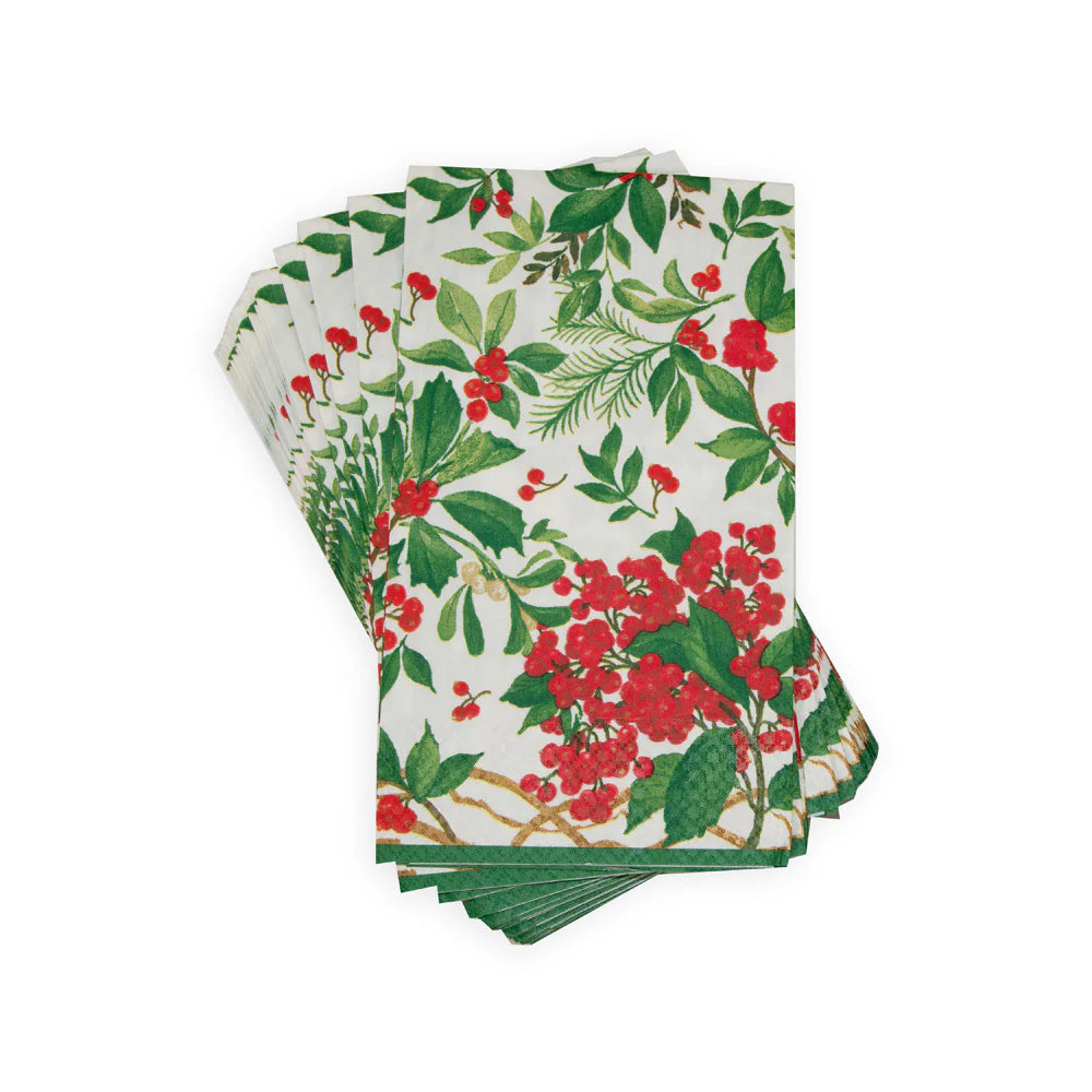 Caspari Holly Chintz White Guest Towel Napkins - Package of 15