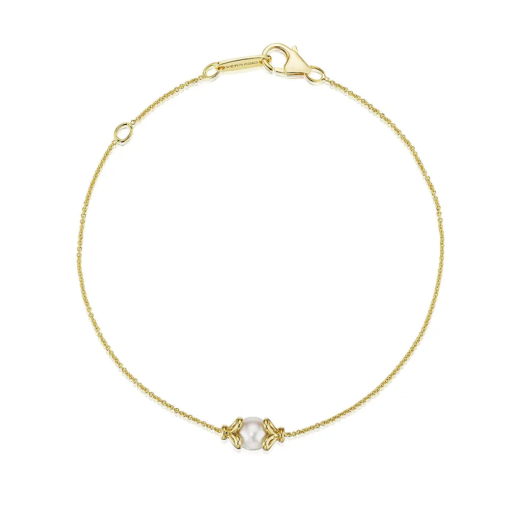 A delicate gold chain bracelet with a small central white pearl-like bead held in a gold setting, shown on a plain white background.