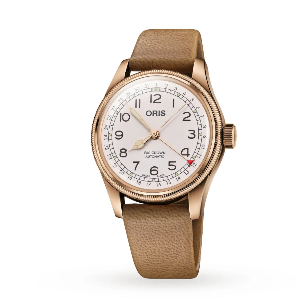 Oris watch with beige strap and rose gold case on a white background