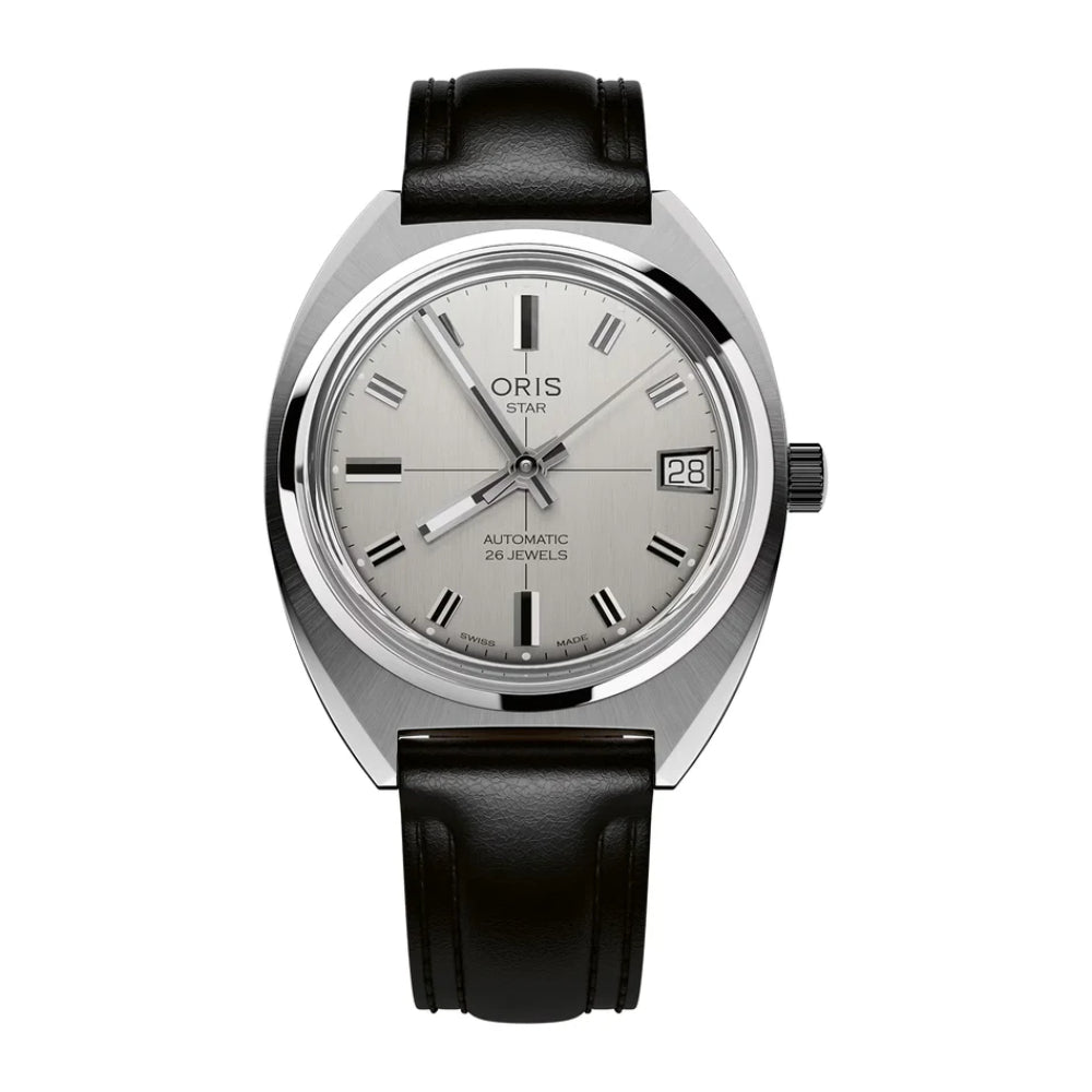 Oris watch with black leather strap and silver dial on a white background