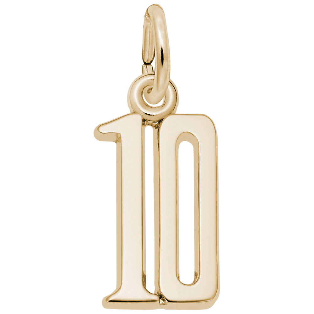 Gold number '10' charm on a white background