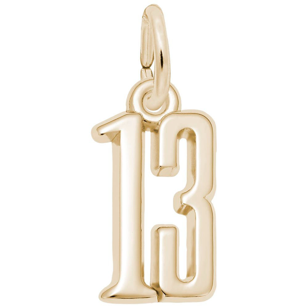 Gold number '13' charm on a white background
