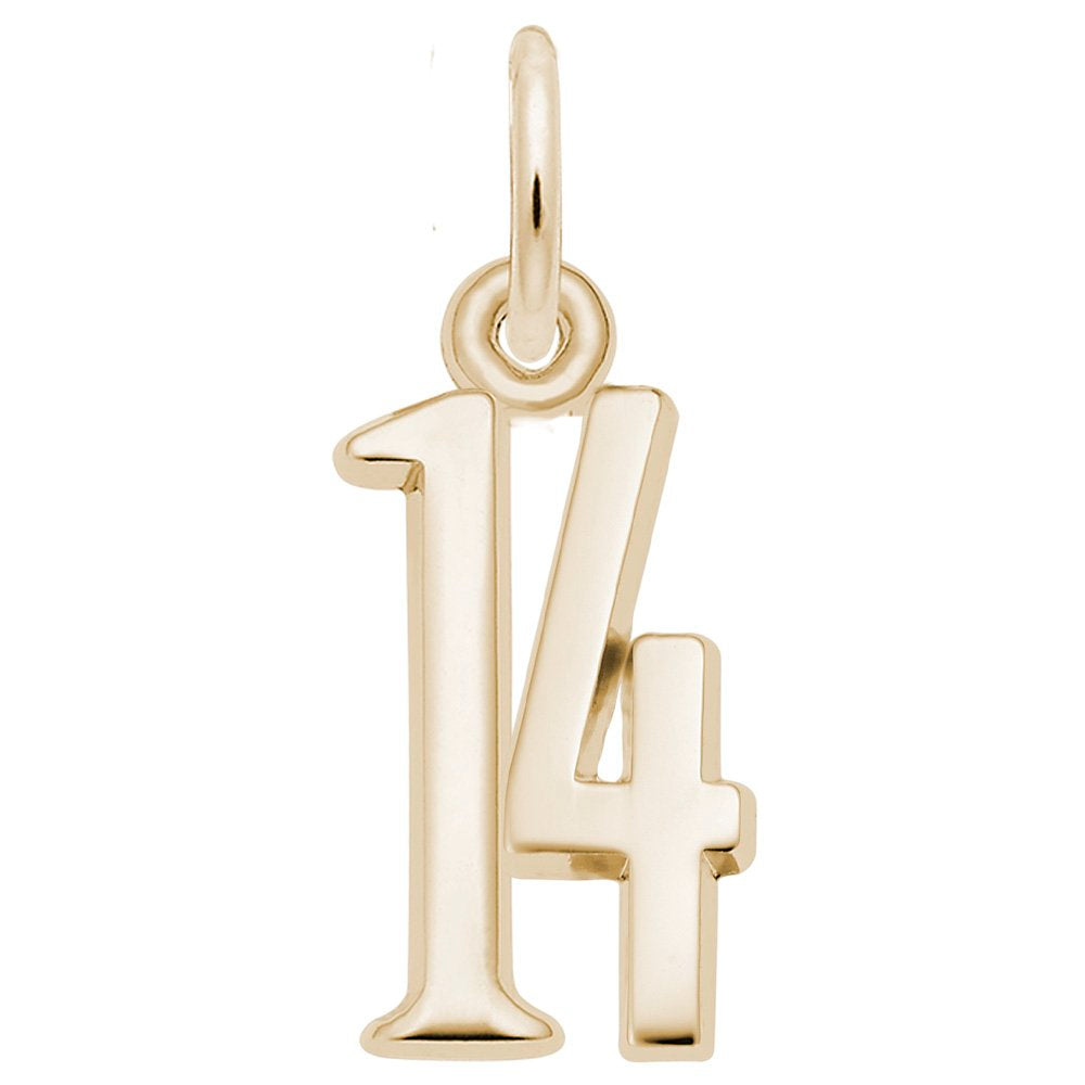 Gold number '14' charm on a white background