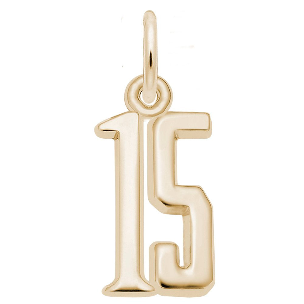 Gold number '15' charm on a white background