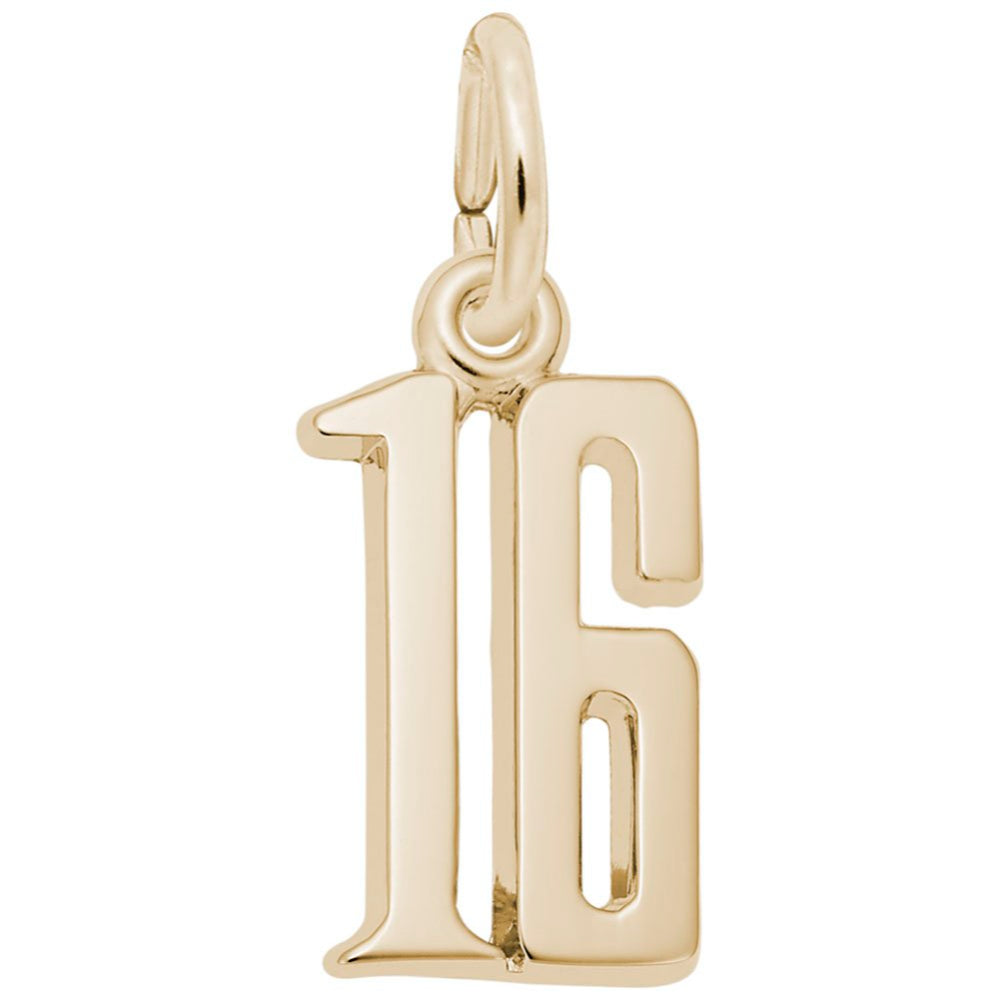 Gold number '16' charm on a white background