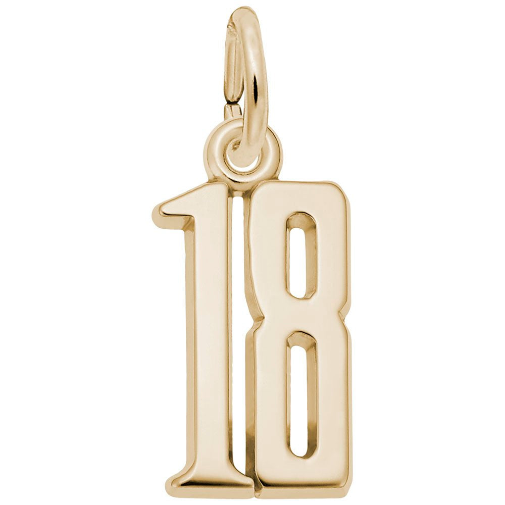Gold number '18' charm on a white background