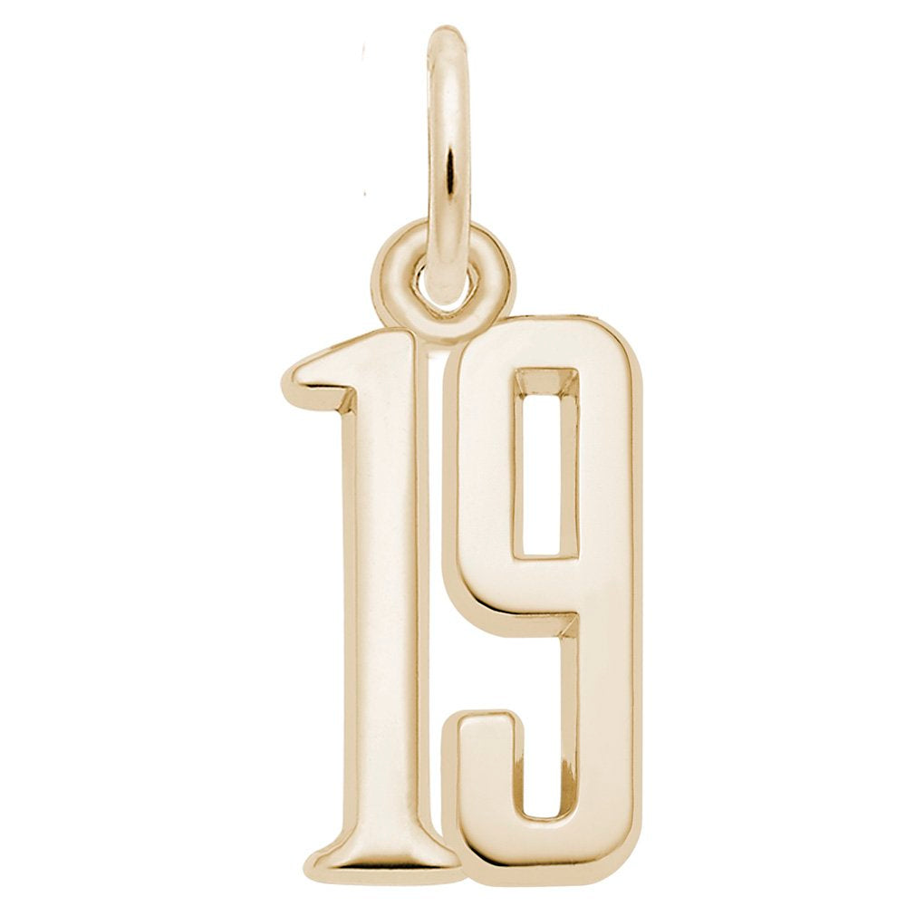 Gold number '19' charm on a white background