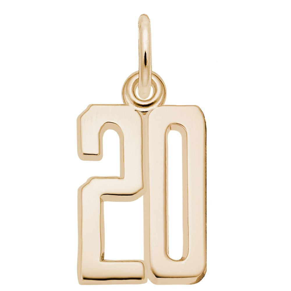 Gold number '20' charm on a white background