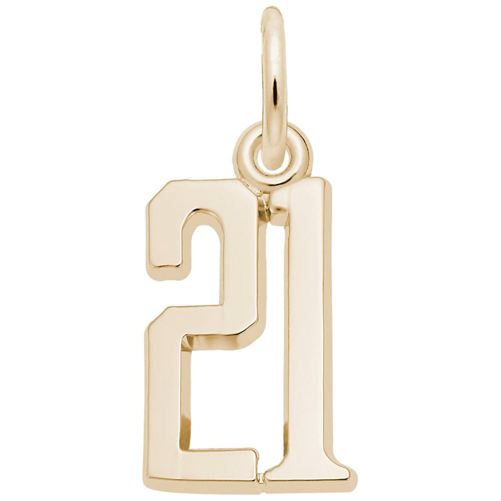 Silver number '21' charm on a white background
