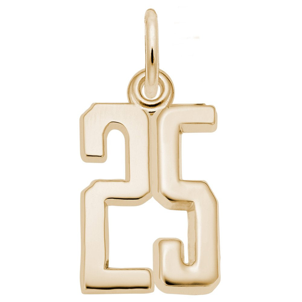 Gold number '25' charm on a white background