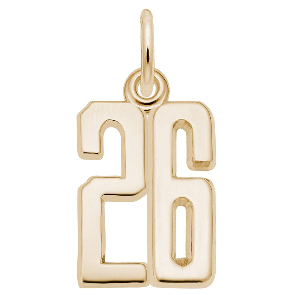 Gold number '26' charm on a white background