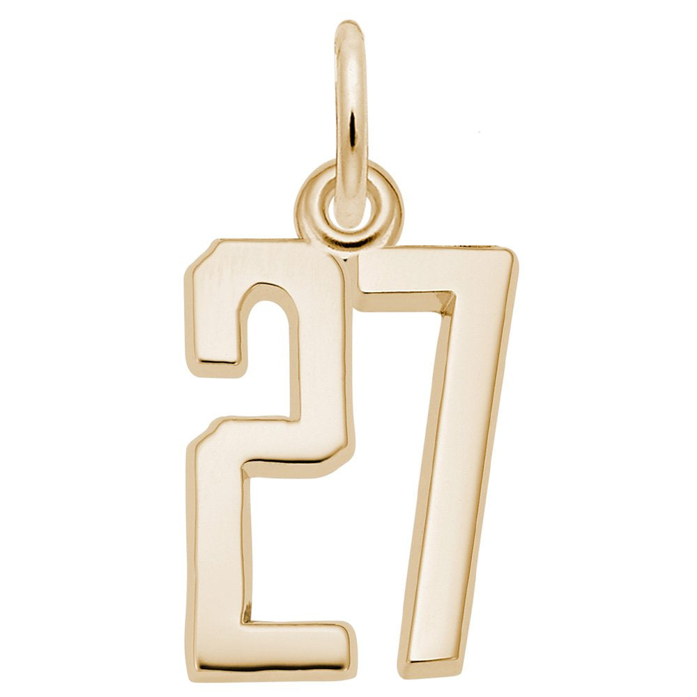 Gold number '27' charm on a white background