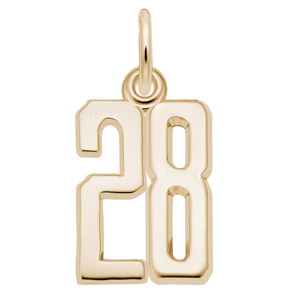 Gold number '28' charm on a white background