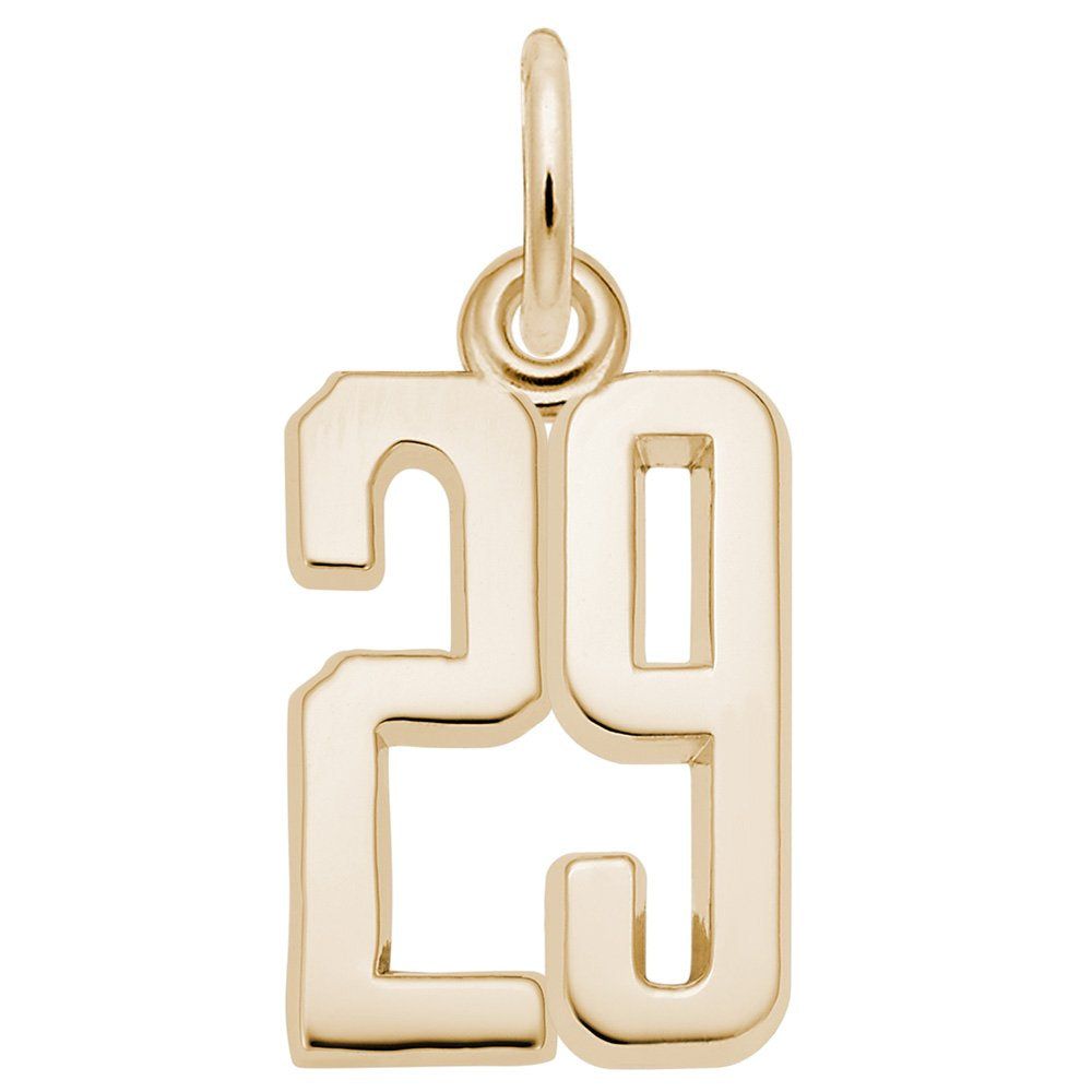 Gold number '29' charm on a white background