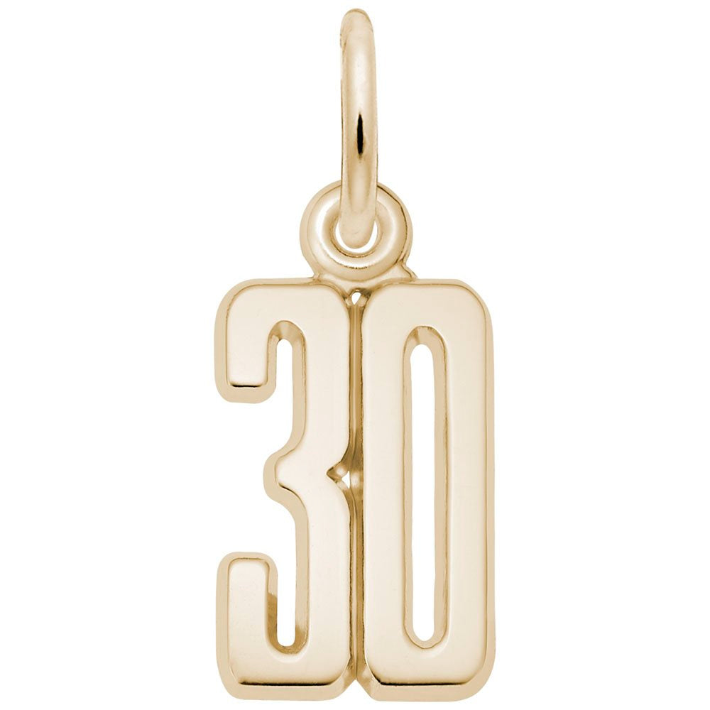 Gold number '30' charm on a white background