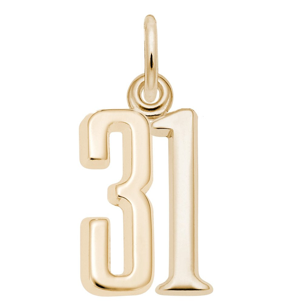 Gold number '31' charm on a white background