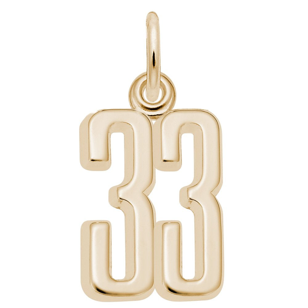 Gold number '33' charm on a white background