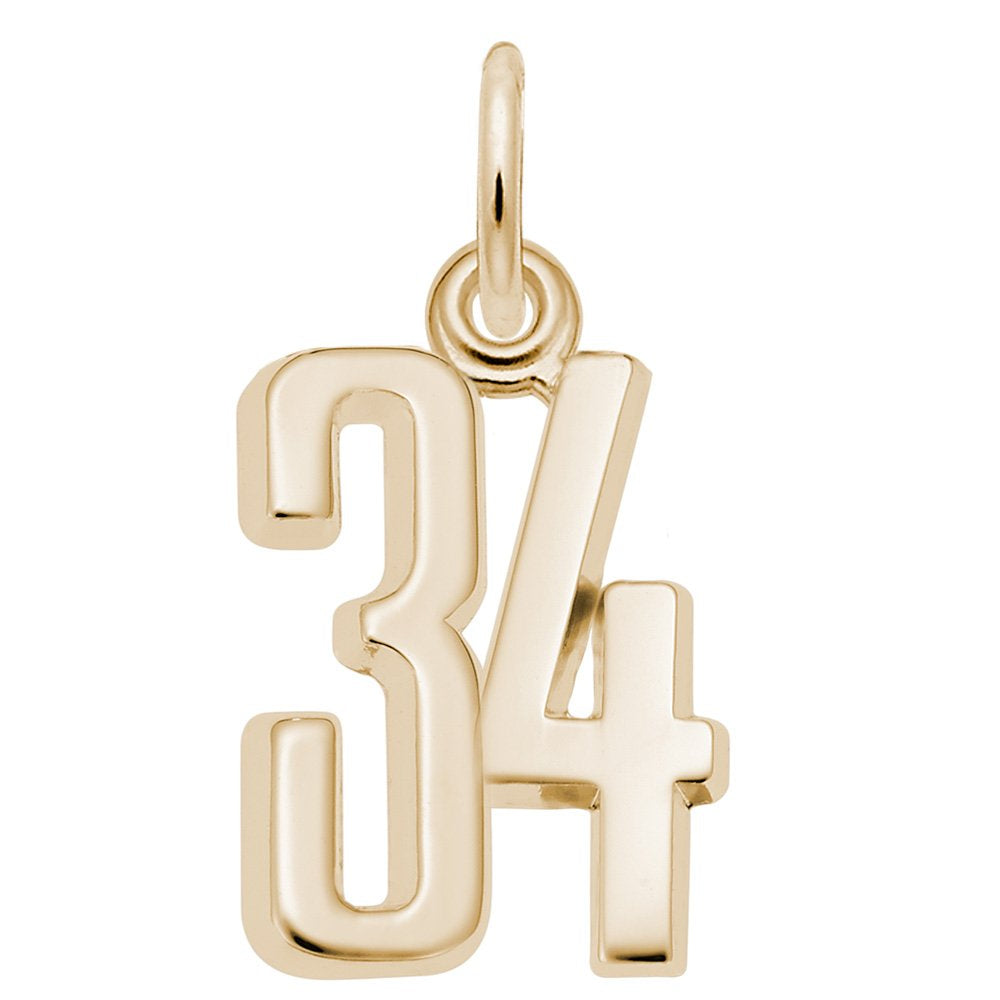Gold number '34' charm on a white background
