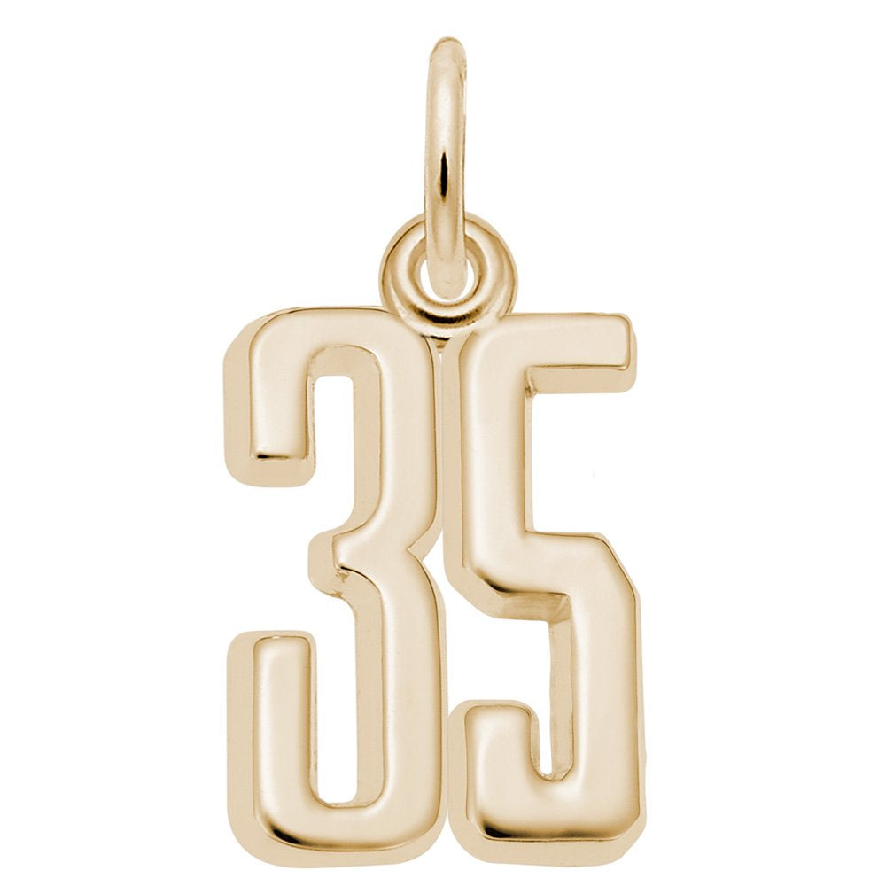 Gold number '35' charm on a white background