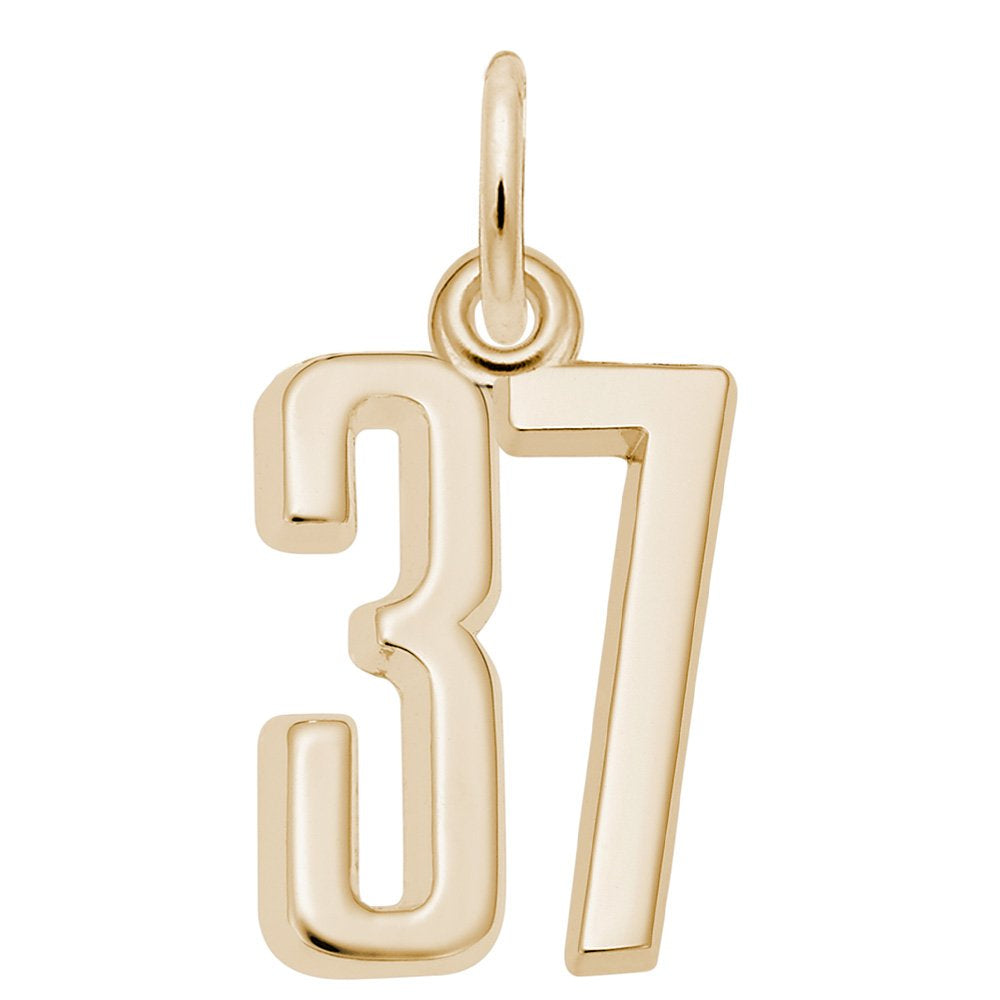 Gold number '37' charm on a white background