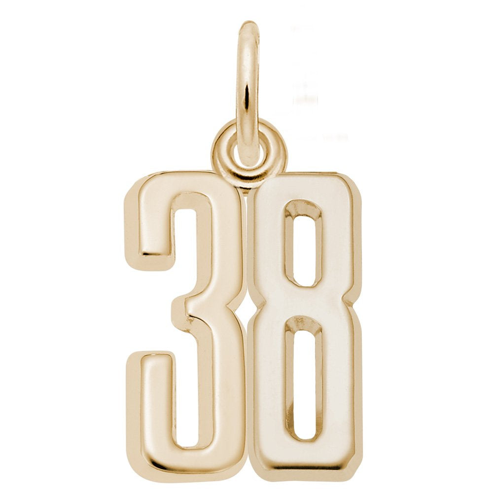 Gold number '38' charm on a white background