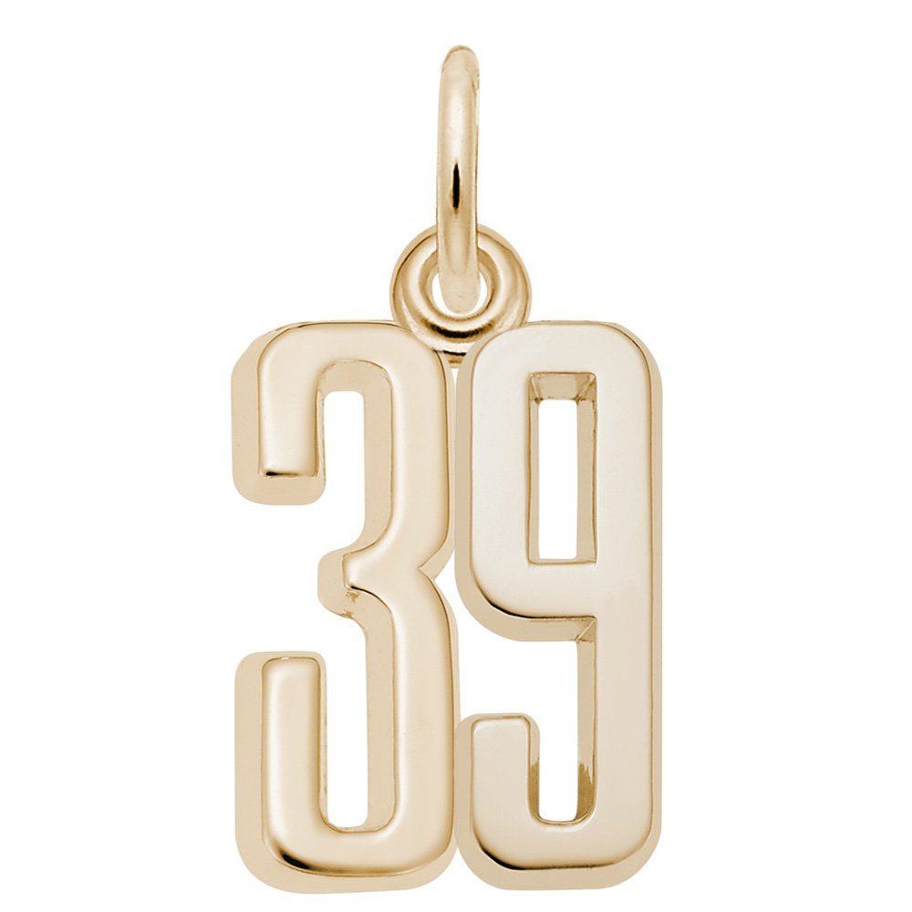 Gold number '39' charm on a white background