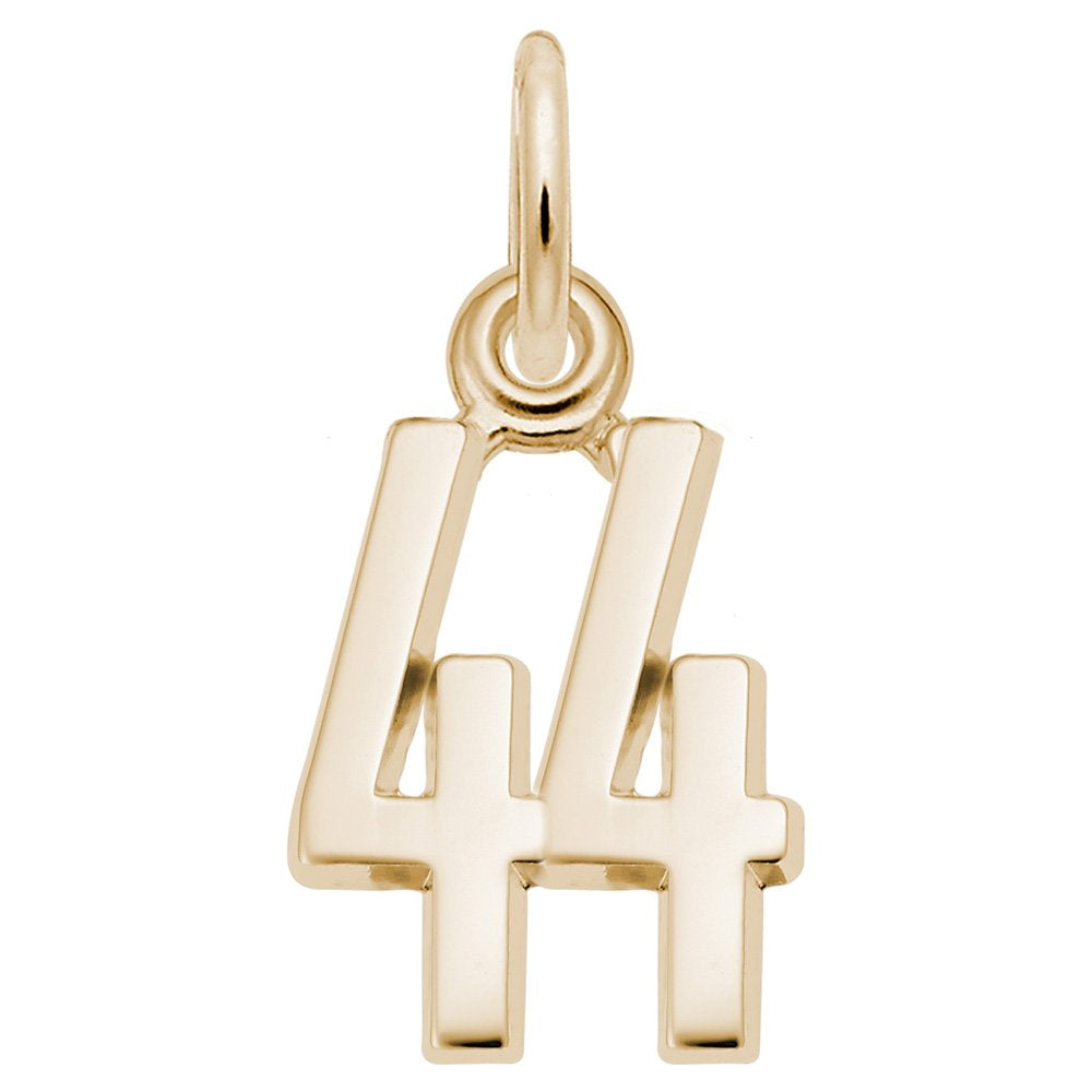 Gold number '44' charm on a white background
