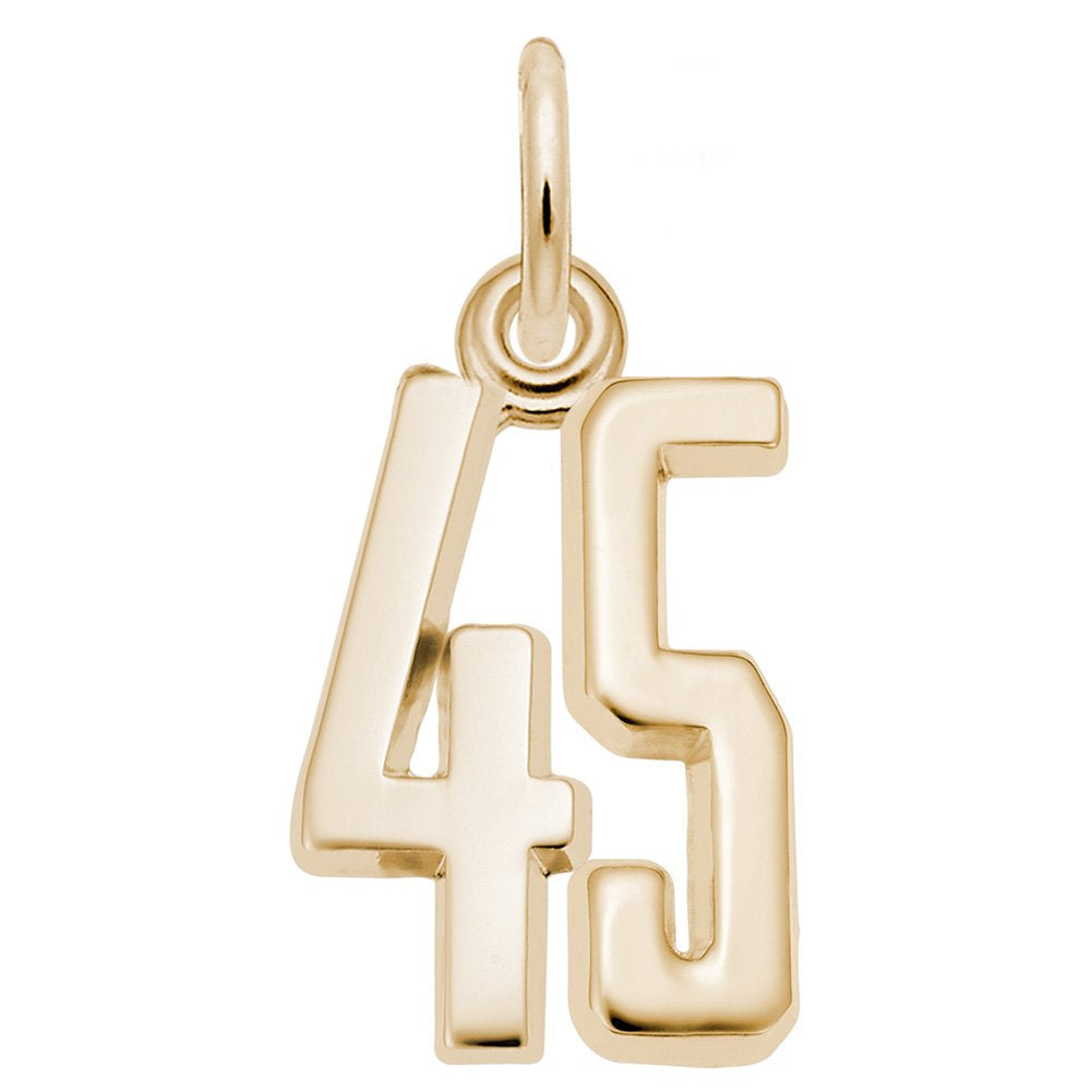 Gold number '45' charm on a white background