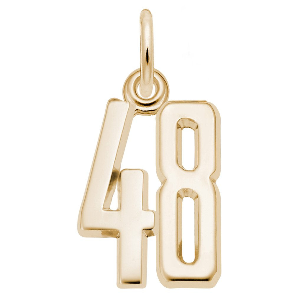 Gold number '48' charm on a white background