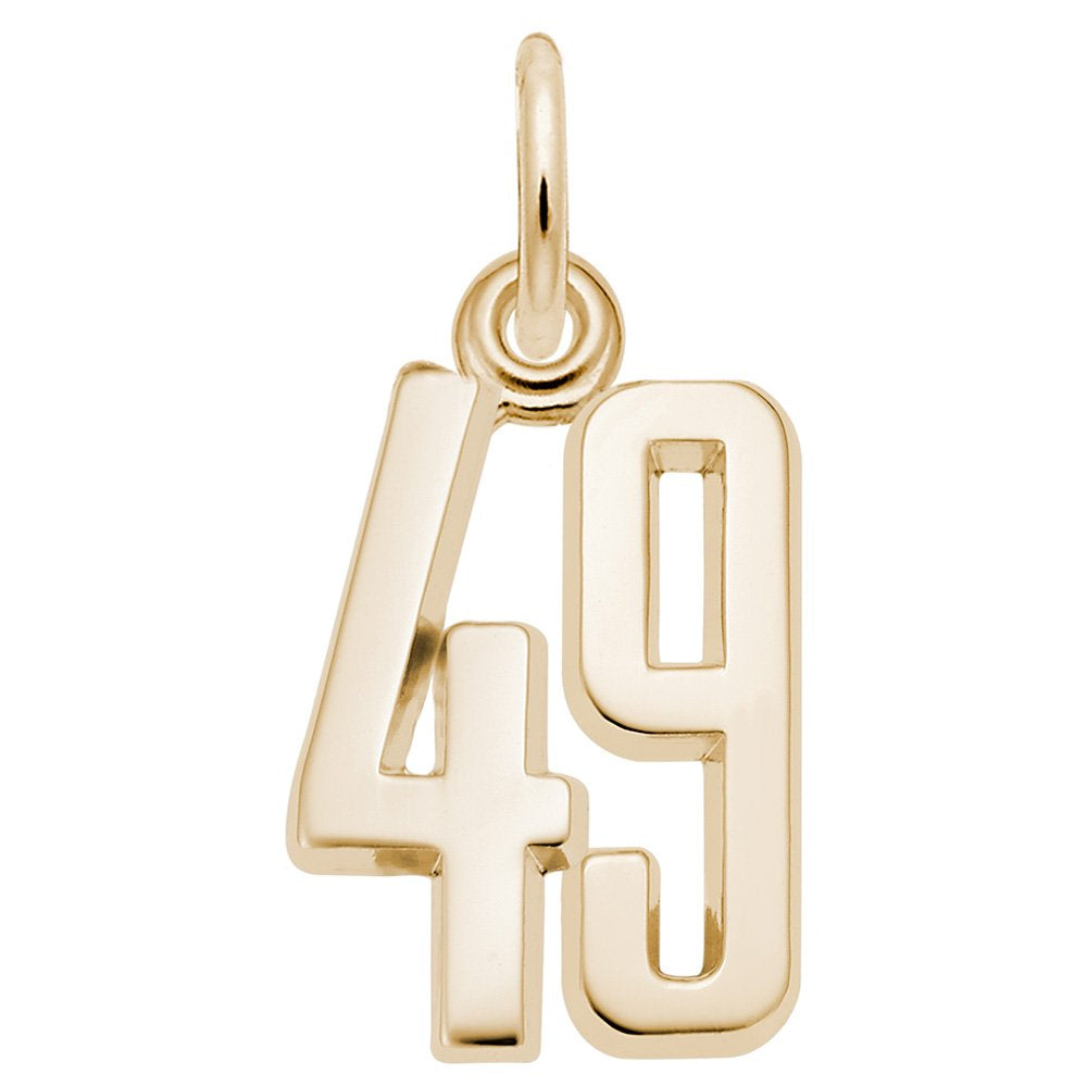 Gold number '49' charm on a white background