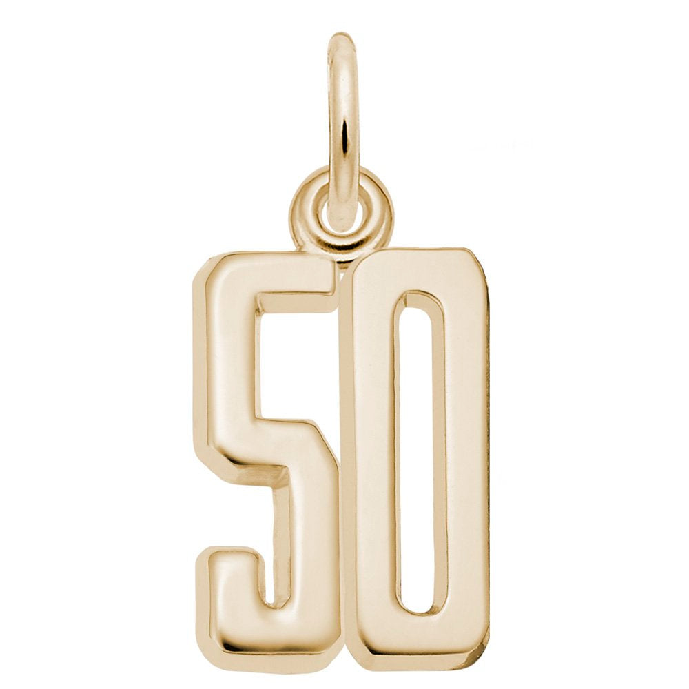Gold number '50' charm on a white background