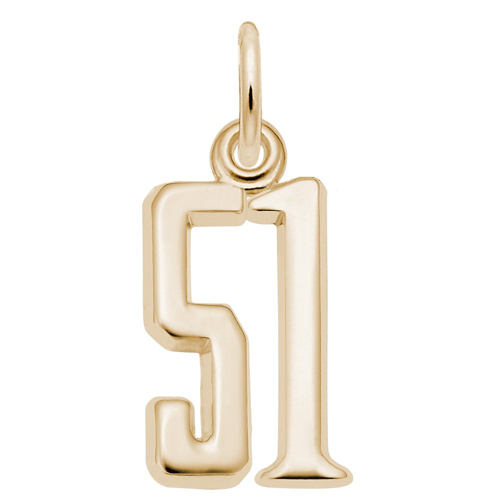 Gold number '51' charm on a white background