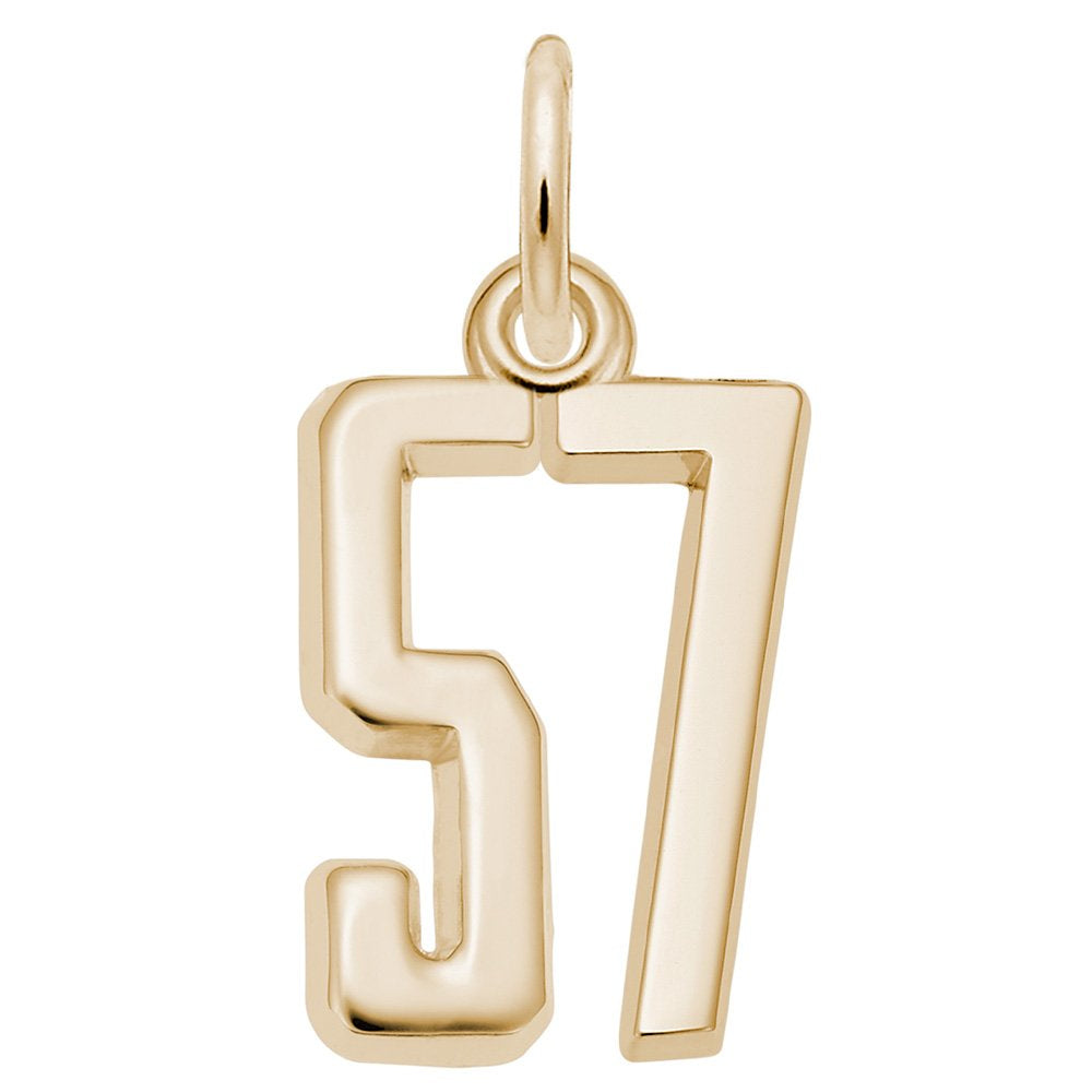 Gold number '57' charm on a white background
