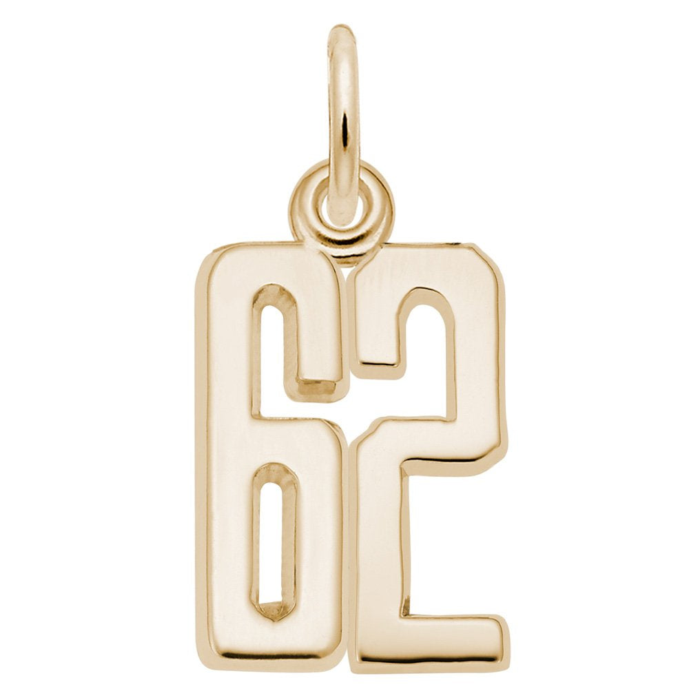 Gold number '62' charm on a white background