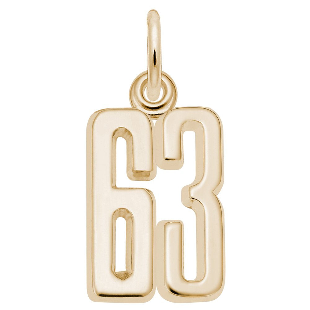 Gold number '63' charm on a white background