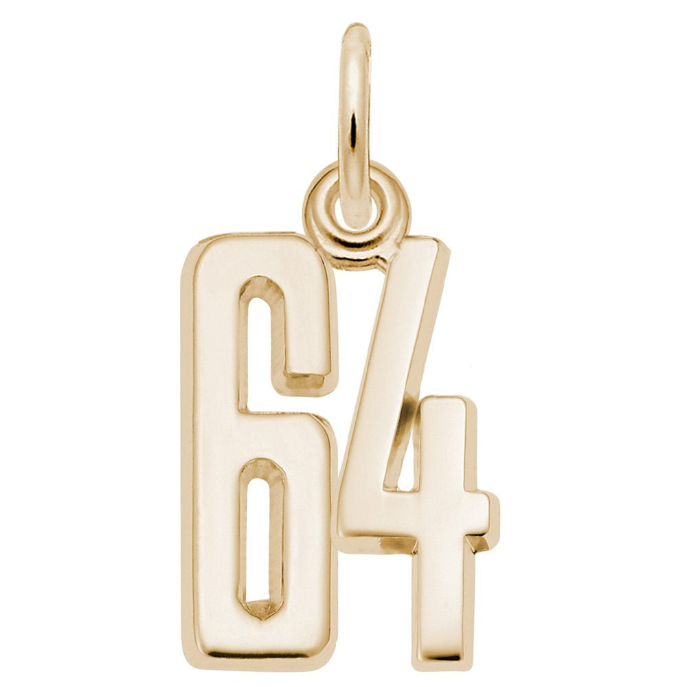 Gold number '64' charm on a white background