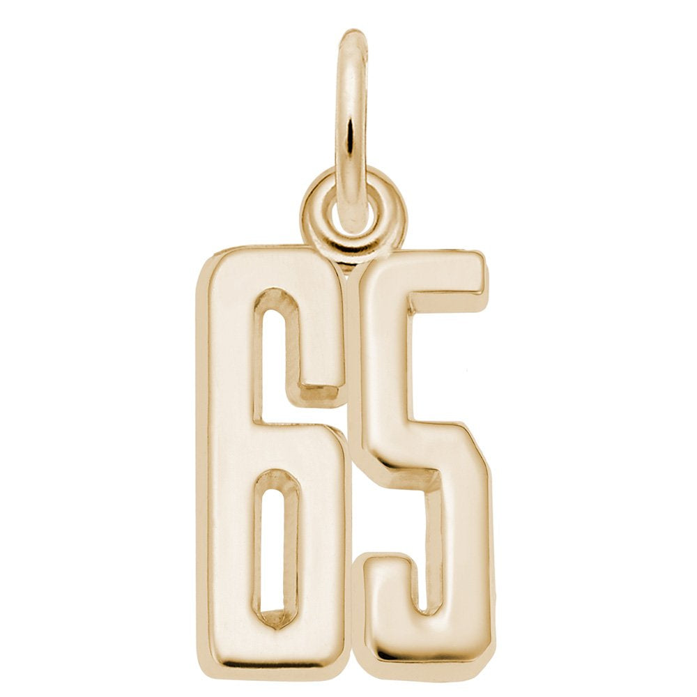 Gold number '65' charm on a white background