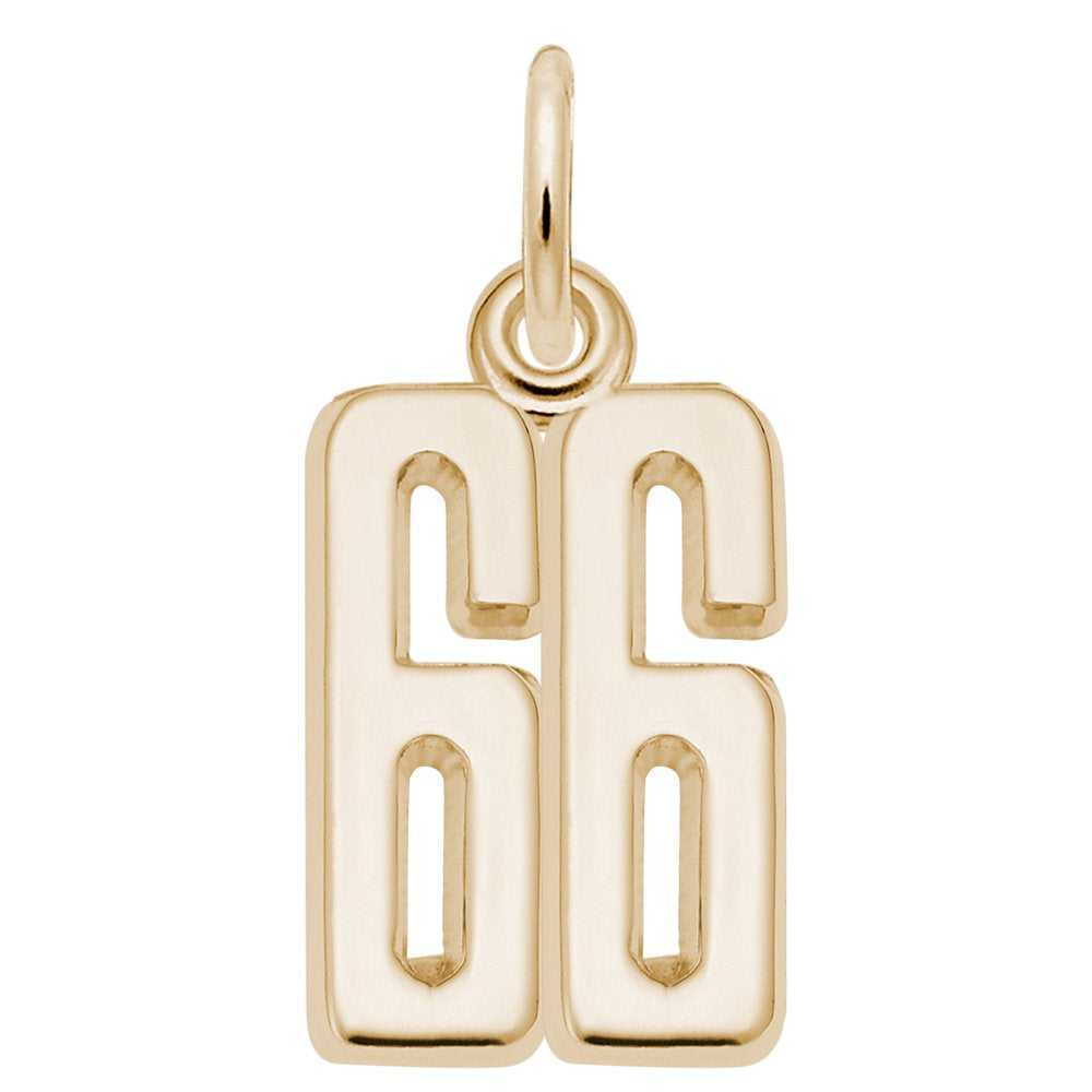 Gold number '66' charm on a white background