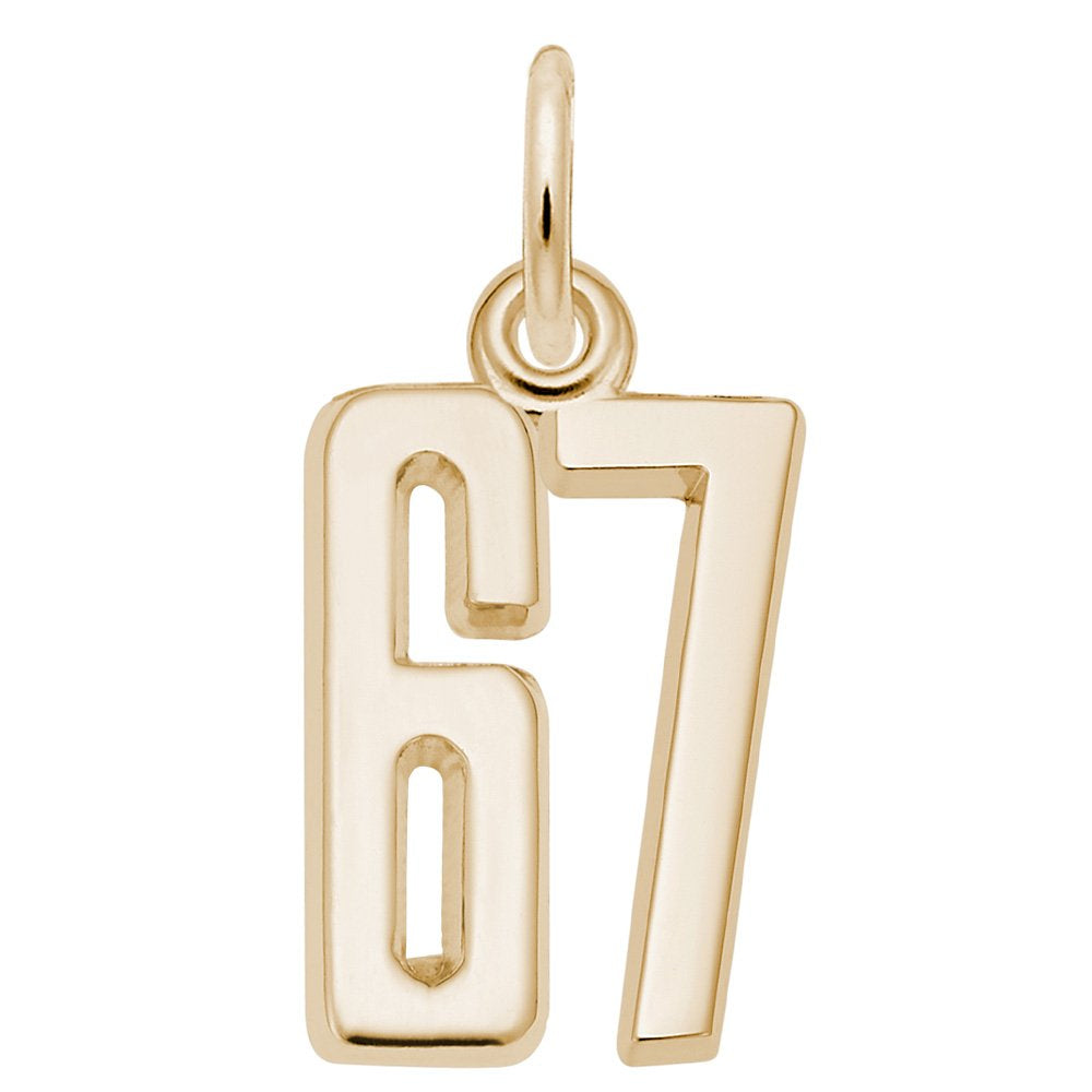 Gold number '67' charm on a white background