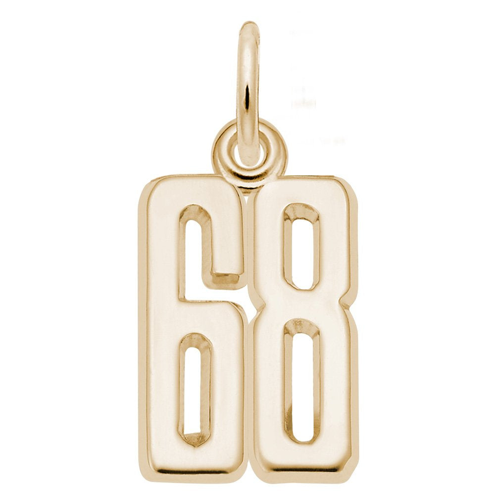 Gold number '68' charm on a white background
