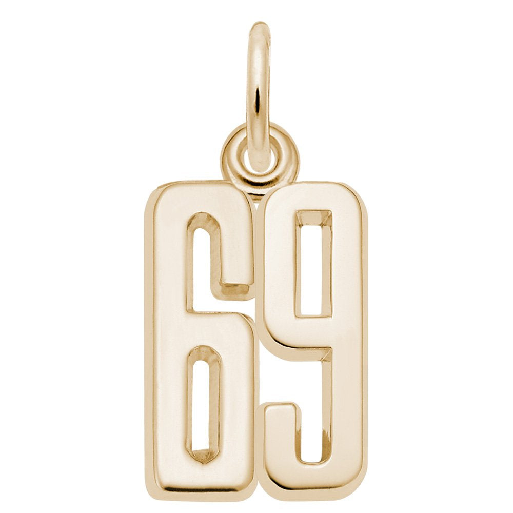 Gold number '69' charm on a white background