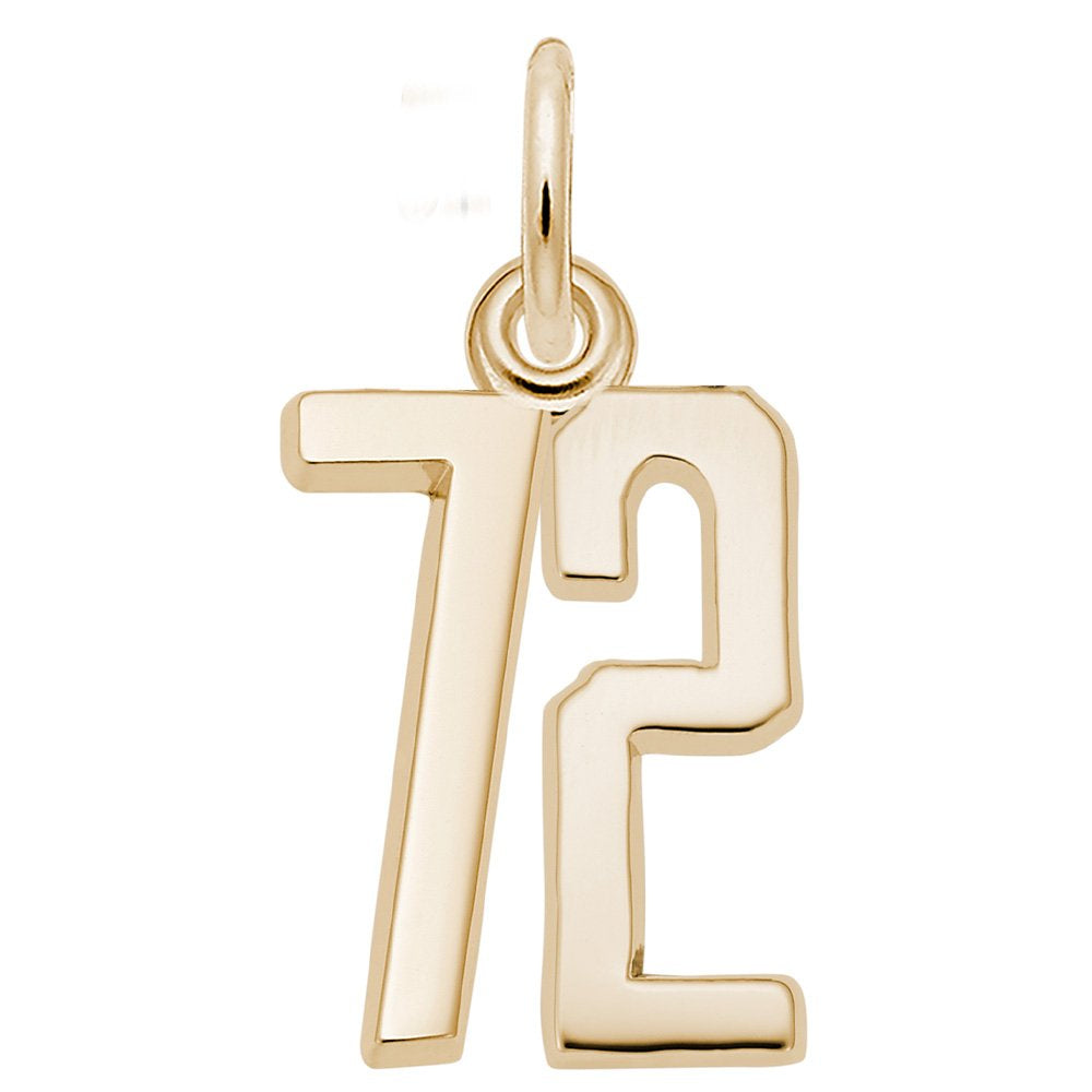 Gold number '72' charm on a white background