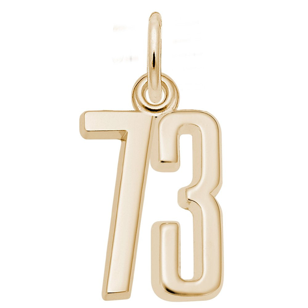 Gold number '73' charm on a white background