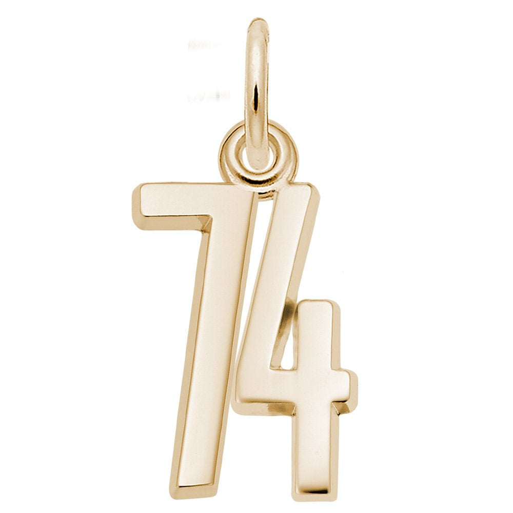 Gold number '74' charm on a white background