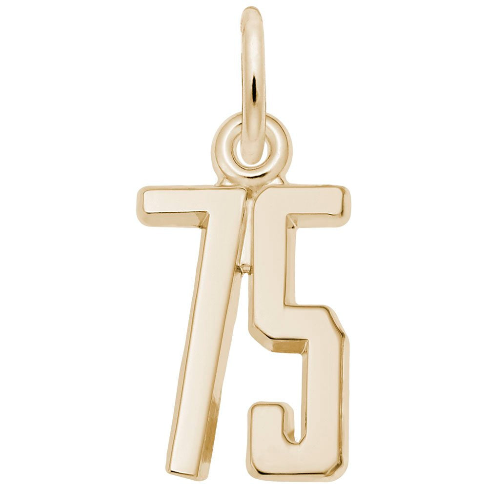 Gold number '75' charm on a white background