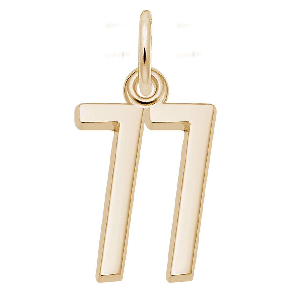 Gold number '77' charm on a white background