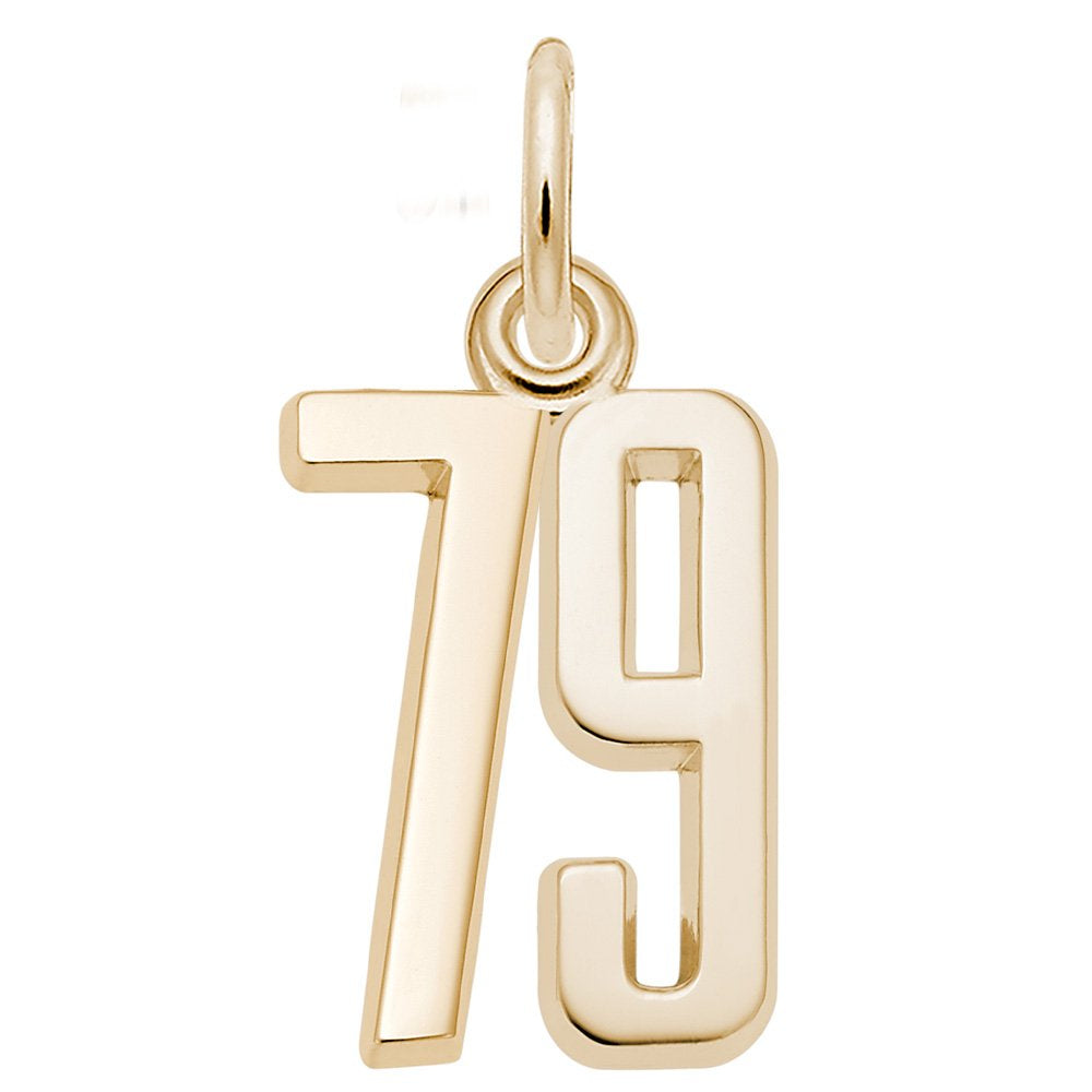 Gold number '79' charm on a white background