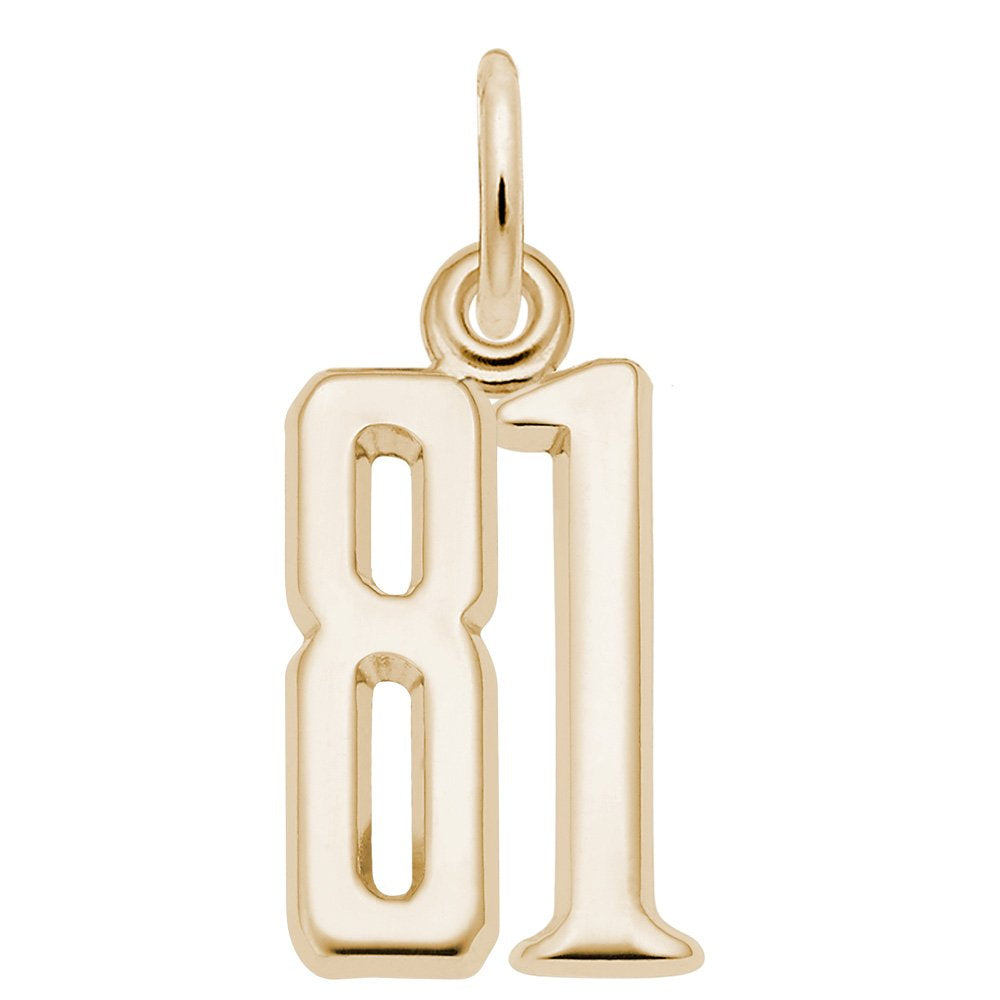 Gold number '81' charm on a white background